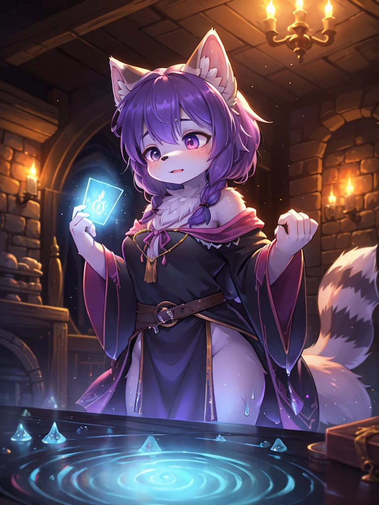 Hallucination, daydream , Fear , bokeh , hairy fur , apparitions and racoon dog girl , what a wonderful fantasy world , magician's robe , inside haunted dungeon , Slime attacks