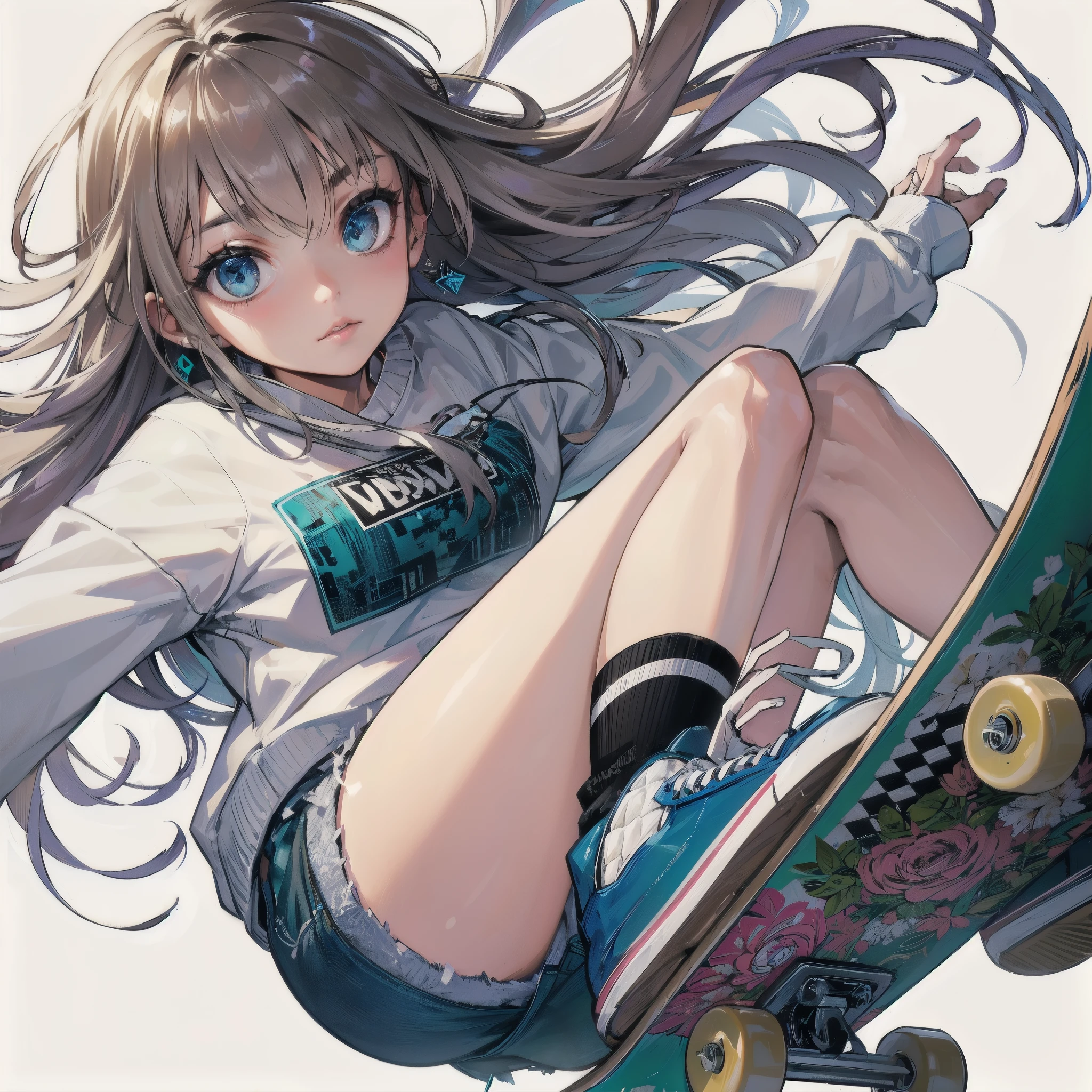 masterpiece, (textured skin), best quality, gorgeous beautiful girl, (a female skateboard athlete), detailed clothes,large breasts,narrow waist,, (beautiful face), cinematic lighting, (at skateboard venue),