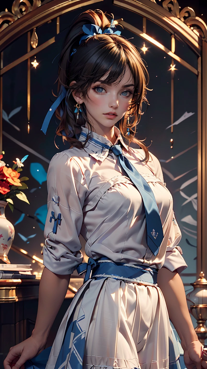 masterpiece, highest quality, High resolution, Very detailed, Detailed Background,(Fraurem Crom, (Black Hair, Semi-long hair, Blue ribbon in ponytail),(White blouse, Blue short ribbon tie, blue long skirt), small, Neat, Iris,study, A kind smile), Scale out, Chic study, vase