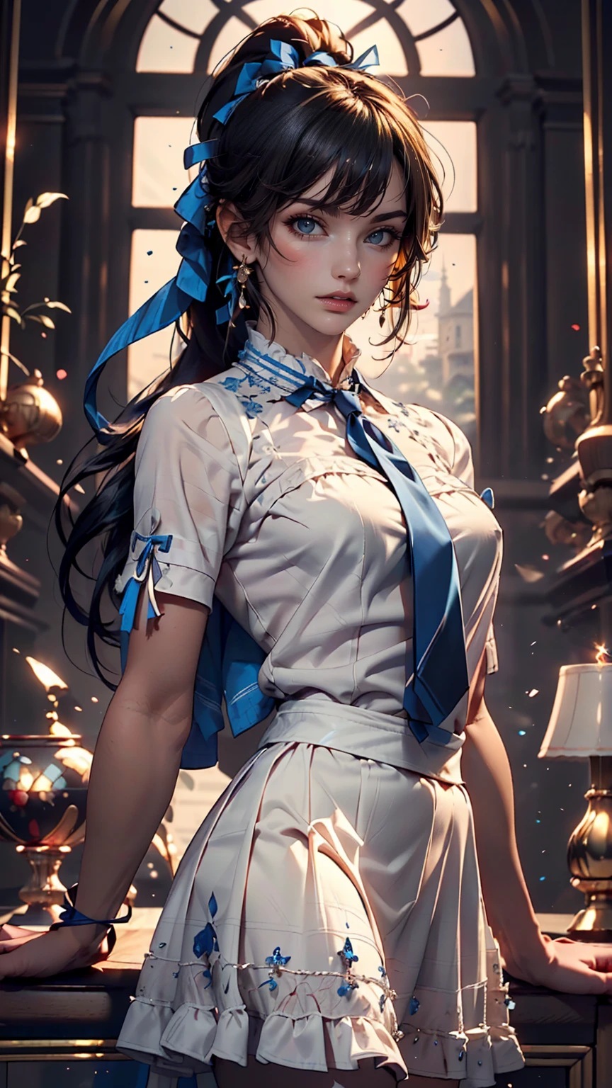 masterpiece, highest quality, High resolution, Very detailed, Detailed Background,(Fraurem Crom, (Black Hair, Semi-long hair, Blue ribbon in ponytail),(White blouse, Blue short ribbon tie, blue long skirt), small, Neat, Iris,study, A kind smile), Scale out, Chic study, vase