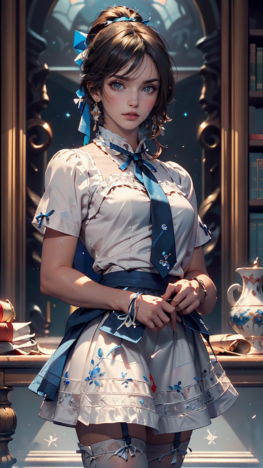 masterpiece, highest quality, High resolution, Very detailed, Detailed Background,(Fraurem Crom, (Black Hair, Semi-long hair, Blue ribbon in ponytail),(White blouse, Blue short ribbon tie, blue long skirt), small, Neat, Iris,study, A kind smile), Scale out, Chic study, vase