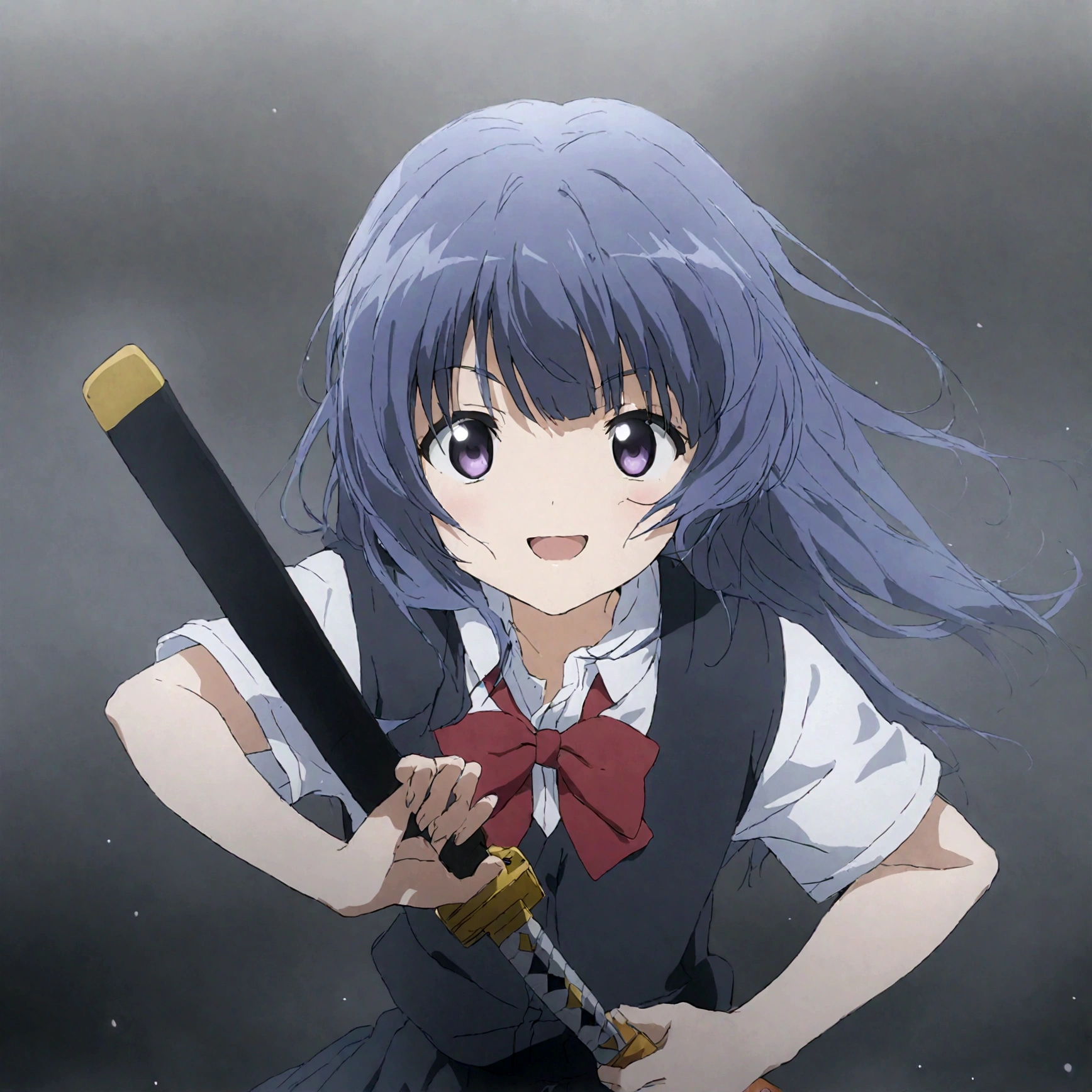 score_9,score_8, score_8_up, BREAK ,1girl, solo, furude rika, (tween), kawaii, blue hair, purple eyes, long hair, blunt bangs, bangs,, bow, skirt, shirt, suspenders, smile, short sleeves, pleated skirt, white shirt, open mouth, :d, red bow, ,^_^, suspender skirt, , black skirt, collared shirt, blush, bowtie, blunt bangs, dress shirt,masterpiece, best quality, source_anime,ceiling, ceiling light, great lighting, detailed shadows, detailed body, anime artwork,anime style, key visual, vibrant, studio anime, highly detailed, anime coloring,,upperbody, in distance, wide shot, from side,straight-on,iaidow,weapon, katana, holding sword, ready to draw, sheathed, unsheathing, scabbard,, ,simple background, white background.Subsurface scattering,(darkness aura)