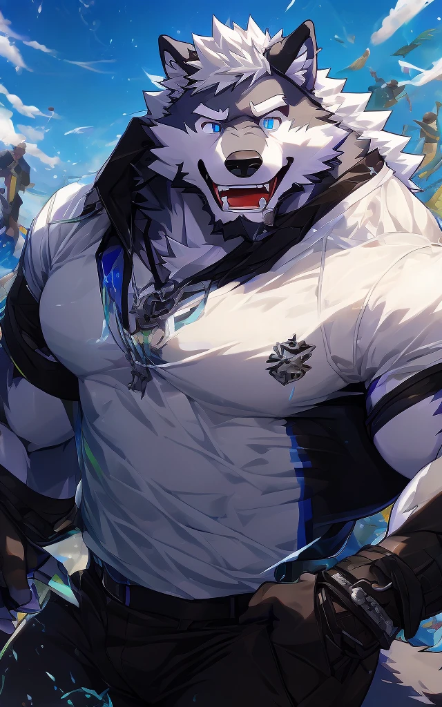 (masterpiece)，(Very detailed)，(best quality)，hairy，Wolf，Gray fur，white hair，Blue pupils，muscular，(White casual wear)，((expression))，8K，(high quality)，(Ultra HD)，(Super detailed)