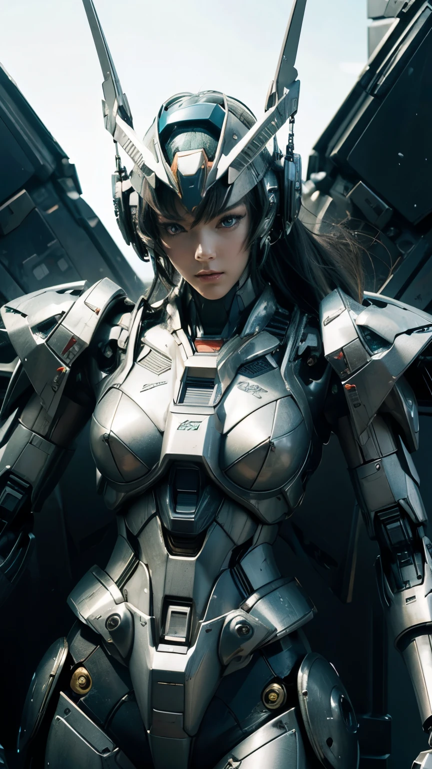 Textured skin, Super Detail, high details, High quality, Best Quality, hight resolution, 1080p, hard disk, Beautiful,(Gundam),beautiful cyborg woman,Mecha Cyborg Girl,Battle Mode,Girl with a Mecha Body,She wears a futuristic Gundam mecha,Fulll body Shot