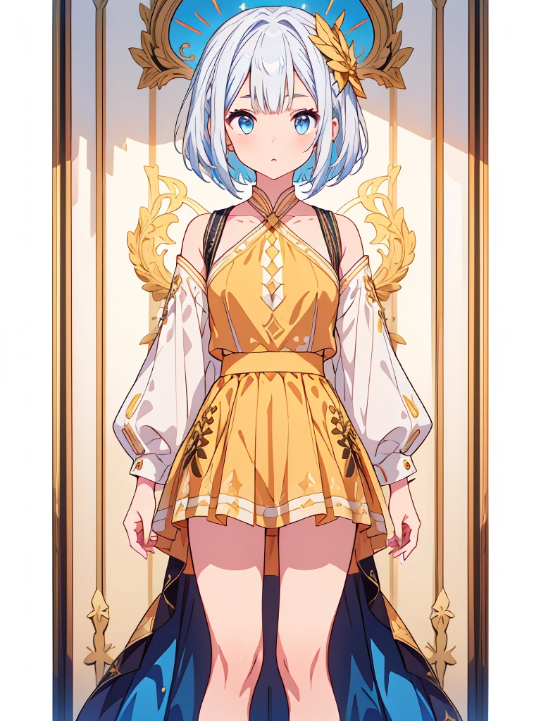 (((1girl)))、dancer、vtuber-halfbody、(((highest quality、Masterpiece、The best composition、Golden Ratio、Official Art、Super detailed、Super detailedな目)))、ultra detailed, from front, headshot、 blue and white hair color、Short bangs above eyebrows、Short Hair、Standing in front of the viewer、Pure white simple background、Denim overalls、