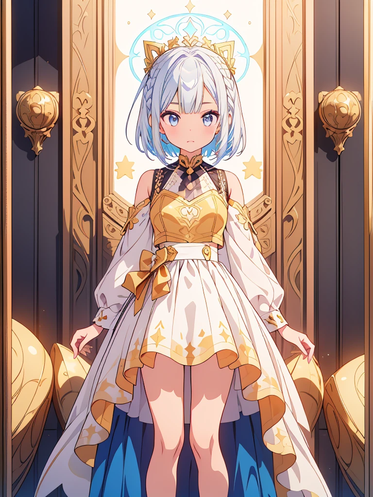 (((1girl)))、dancer、vtuber-halfbody、(((highest quality、Masterpiece、The best composition、Golden Ratio、Official Art、Super detailed、Super detailedな目)))、ultra detailed, from front, headshot、 blue and white hair color、Short bangs above eyebrows、Short Hair、Standing in front of the viewer、Pure white simple background、Denim overalls、
