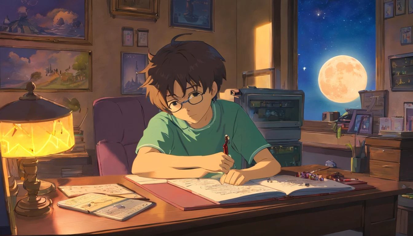 (masterpiece) a boy (male) studying sitting in his room, over his desk, with headphones on, video game and joystick over the desk, nerd decoration, video game on the wall, posters, window showing the moon and stars, calm, peacefull, thinking, Cinematic, Color grading, beautifully color-coded,