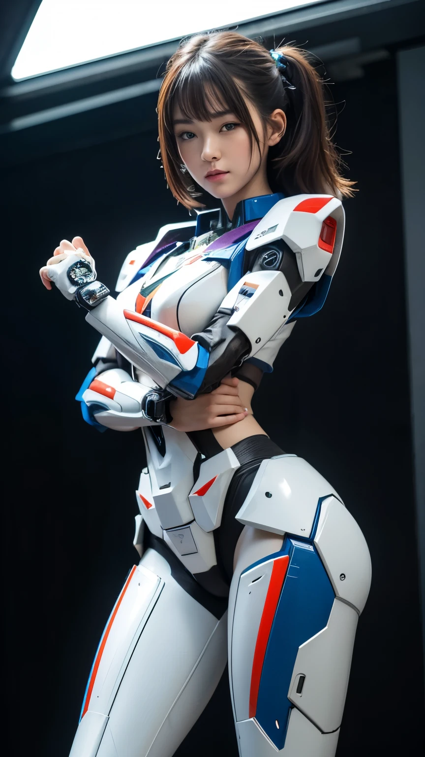 Textured skin, Super Detail, high details, High quality, Best Quality, hight resolution, 1080p, hard disk, Beautiful,(Gundam),beautiful cyborg woman,Mecha Cyborg Girl,Battle Mode,Girl with a Mecha Body,She wears a futuristic Gundam mecha,Fulll body Shot
