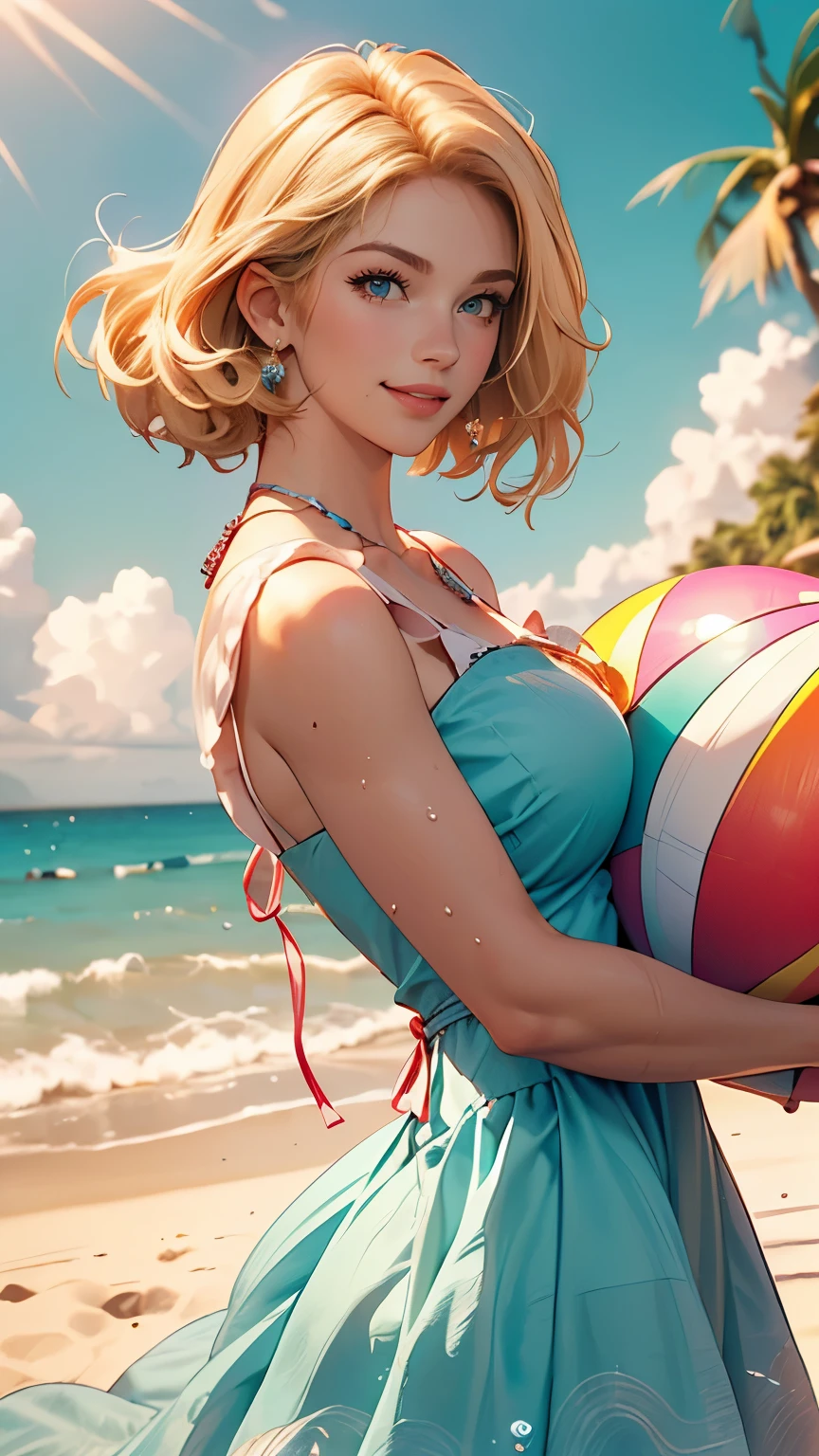 Delicate and beautiful CG art),(highest quality, Very detailed, High resolution),(Dynamic Angle, Dynamic Lighting),(One character),(Long pink and blonde hair), blue eyes, Beautiful Face), 1 girl, (Long sideburns, plant, smile, long blue dress, 3 days, Ocean, water, Beach ball, shell, sunny, the wind is strong