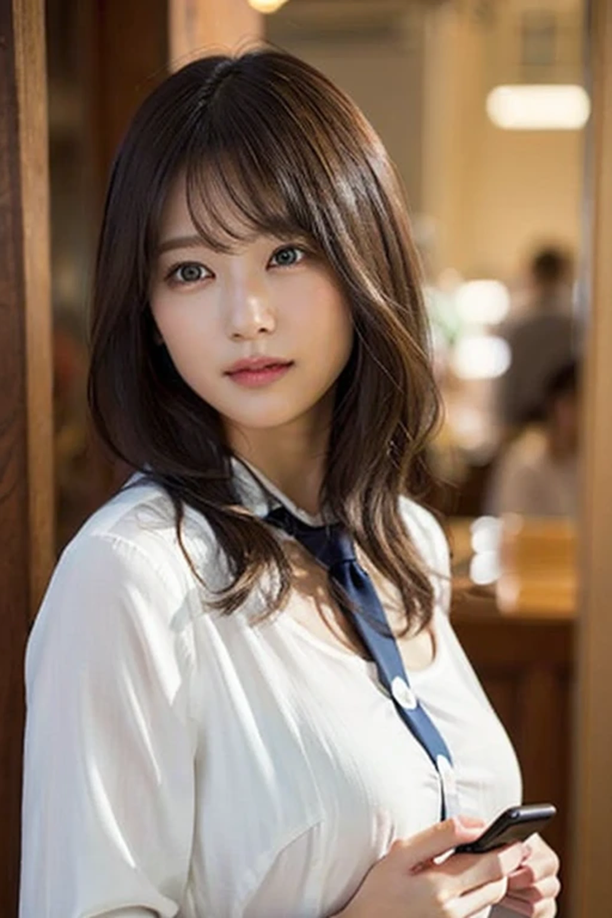 A woman looking at her smartphone、(8k、Raw photo、highest quality、masterpiece:1.2)、(Realistic、Photorealistic:1.37)、Ultra-detailed、超A high resolution、1 girl、Seeing the viewer、Beautifully detailed face、Laughter、narrow、(Slim waist) :1.3)、((White shirt))、Beautifully detailed skin、Skin Texture、Floating Hair、((Tie your hair together))、Shapely large breasts、Professional Lighting、Bright room、Human whole body、Brown Hair、((Holding your phone in your hand))、Looking at LINE and worrying、A woman looking at her smartphone((Hold your smartphone at chest level))