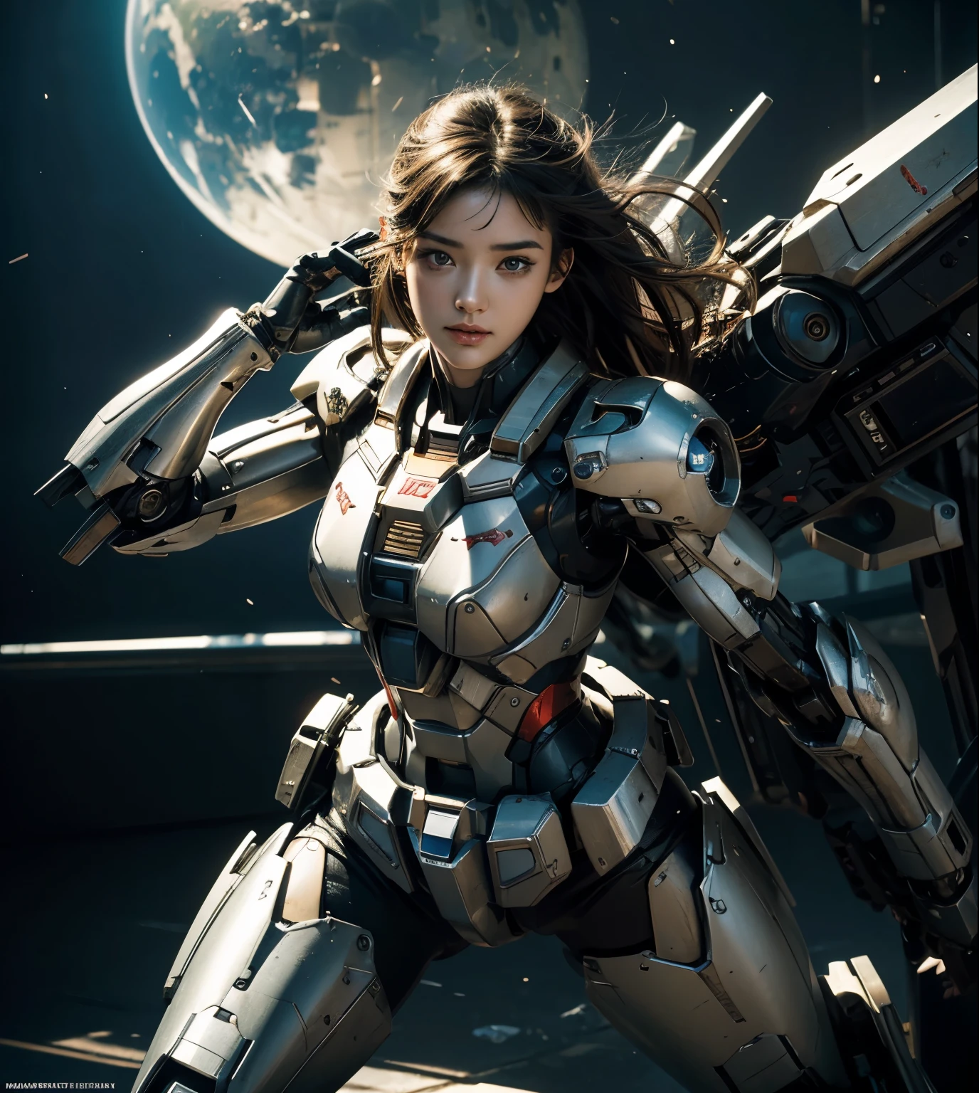 Textured skin, Super Detail, high details, High quality, Best Quality, hight resolution, 1080p, hard disk, Beautiful,(Gundam),beautiful cyborg woman,Mecha Cyborg Girl,Battle Mode,Girl with a Mecha Body,She wears a futuristic Gundam mecha,Fulll body Shot