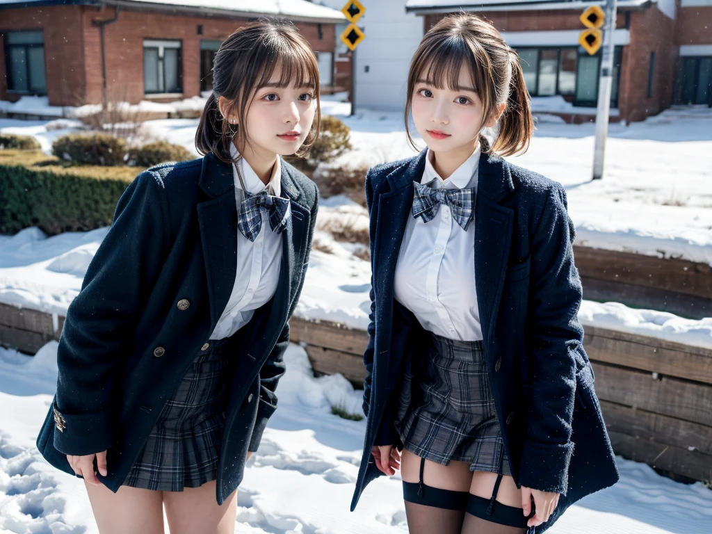 (RAW photo, 4k, masterpiece, high resolution, extremely complex) (realistic: 1.4),2 girls standing in snowy school yard,navy blue overcoat,plaid bow tie,18-year-old,bangs,thighs,huge breasts, knees,short cut hair,low ponytail,from below,front-lighting