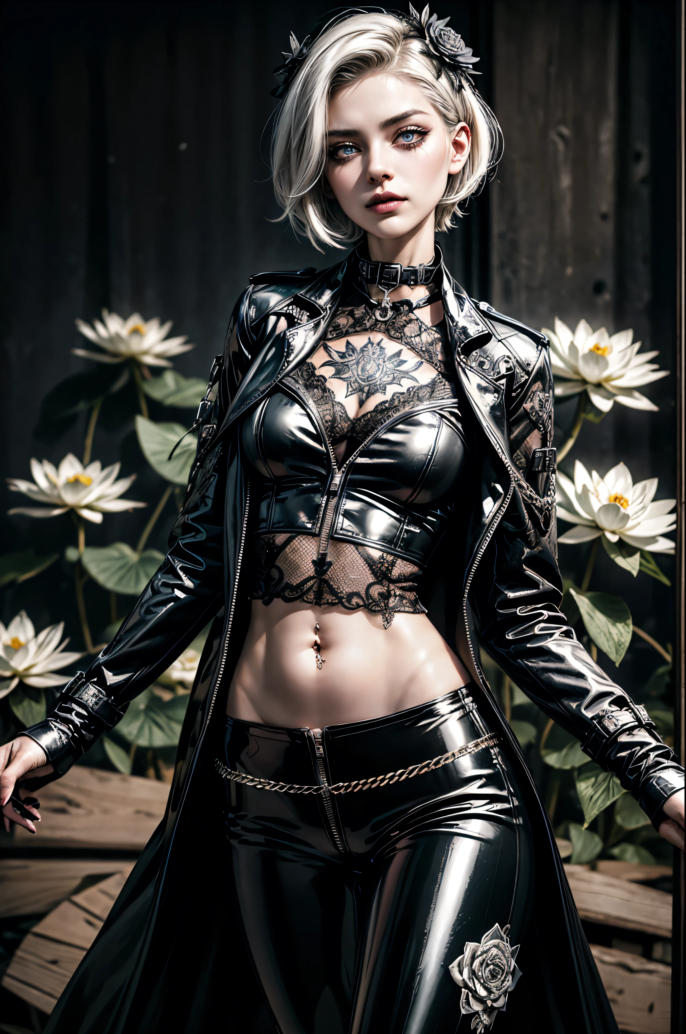 (Detailed illustrations, Very detailed and detailed drawing, Delicate lines with slow and rapid, Realistic texture expression), One woman with very short white hair with black tips, ( emo hairstyle, ), goth, pale white skin, evil smirk, (girls bedroom background), dark lighting, cold atmosphere, lore_Emma , pink eyes , dark eyeliner, (ultra dark glossy black lipstick), gorgeous face , super cute, 18 years old , hyper detailed face, (super skinny figure , medium breast, thin waist), slim legs, slim hips, (ultra low rise wet look shiny latex pants with transparent flower pattern), ((low rise pants)), ((unzipped pants)), (mesh shirt with flower pattern), black choker, vulva tattoo, black hairband, (white lotus flower in hair), (flower pattern belly tattoo), fingerless latex gloves, (((long latex trench coat)), (short sleeves)), (black nail polish), ((hip chains)), ((belly button piercing)), ((navel piercing)), ((belly chain))
