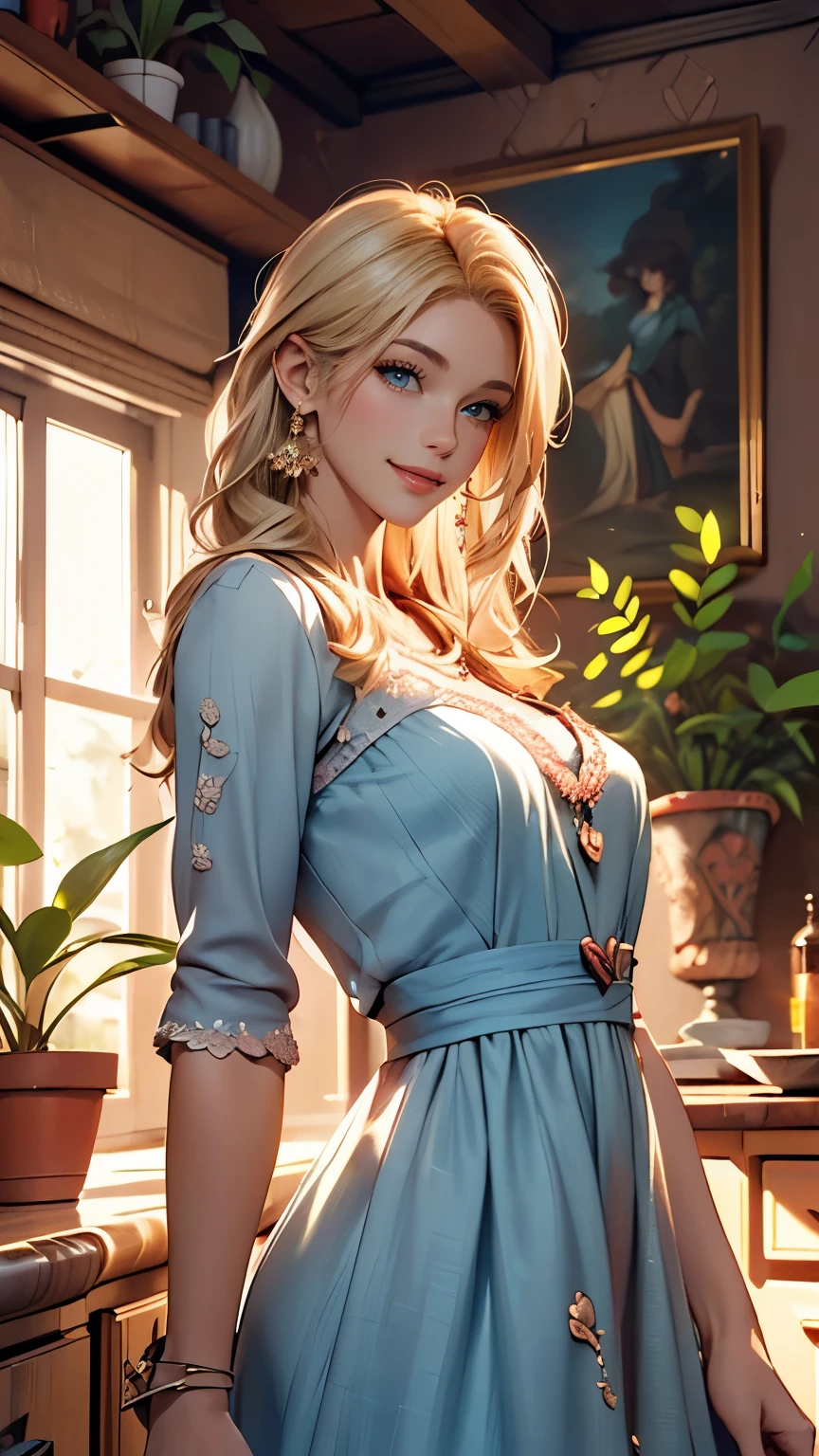 Delicate and beautiful CG art),(highest quality, Very detailed, High resolution),(Dynamic Angle, Dynamic Lighting),(One character),(Long pink and blonde hair), blue eyes, Beautiful Face), 1 girl, (Long sideburns, plant, smile, long blue dress, house