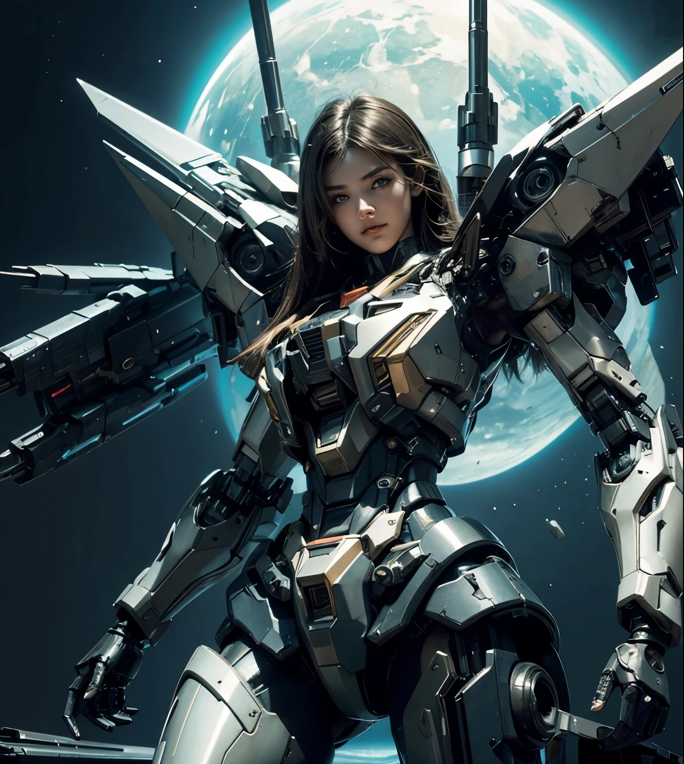 Textured skin, Super Detail, high details, High quality, Best Quality, hight resolution, 1080p, hard disk, Beautiful,(Gundam),beautiful cyborg woman,Mecha Cyborg Girl,Battle Mode,Girl with a Mecha Body,She wears a futuristic Gundam mecha,A powerful cyborg woman, sleek and futuristic, with advanced mechanical augmentations that enhance her strength and capabilities.