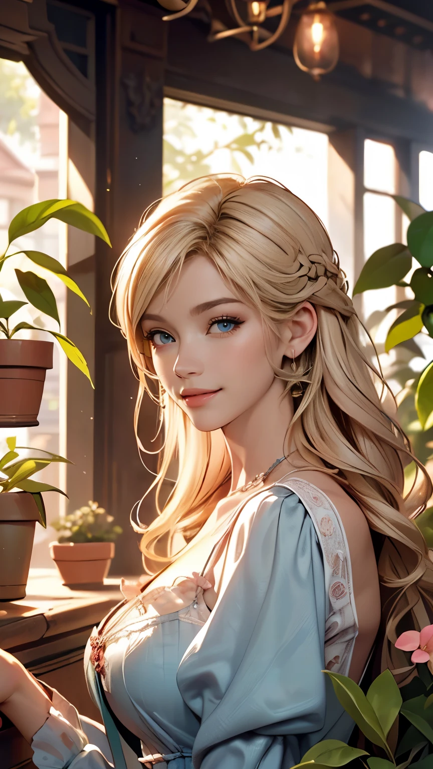 Delicate and beautiful CG art),(highest quality, Very detailed, High resolution),(Dynamic Angle, Dynamic Lighting),(One character),(Long pink and blonde hair), blue eyes, Beautiful Face), 1 girl, (Long sideburns, plant, smile, long blue dress, house