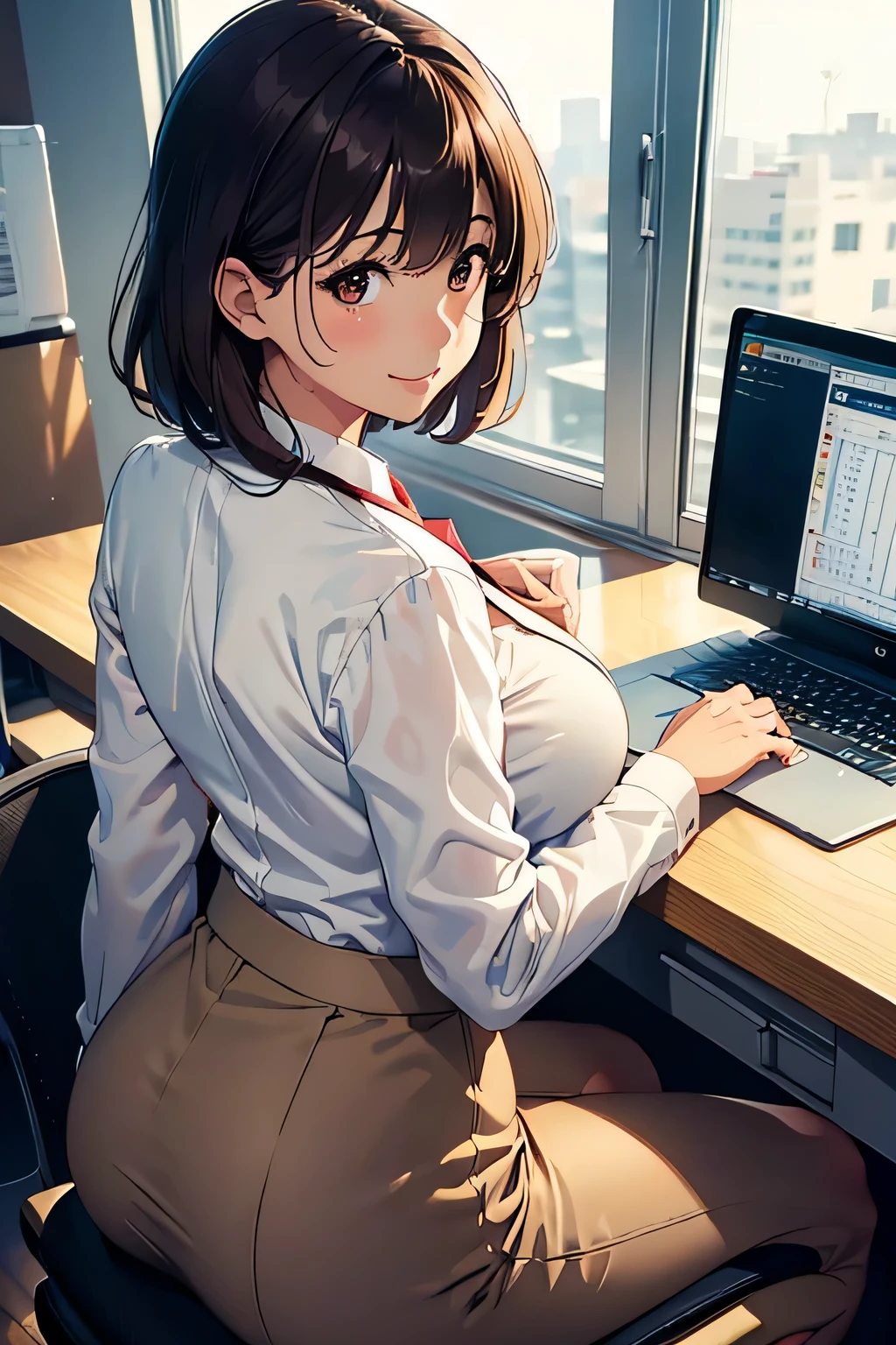 japanese, solo, (tanned skin:1.2), large breasts, brown hair, bangs, smile, (natural make:1.2), dynamic angle, high res, (photo realistic:1.2), (highly detailed:1.1), desk,((pencil skirt)),beige skirt, business suit, shirt, office chair, smile,(computer), night view ,detail brassiere, medium breasts, dark lighting, window, blush, messy, desk, delicate background, bokeh, professional lighting, physically-based rendering, ((backshot)),