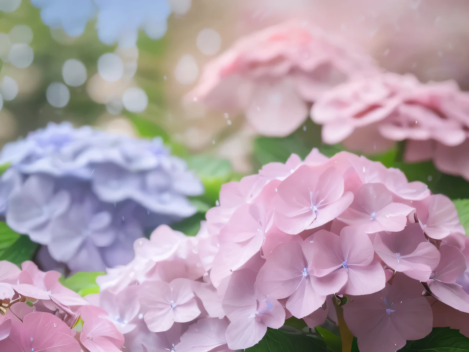 The image you provided features a close-up of delicate hydrangea flowers in various shades of pink, purple, and blue. The petals appear soft and slightly translucent, with a few raindrops scattered across them, adding a touch of freshness and a sense of a recent or ongoing light rain. The background is blurred, with bokeh effects and soft pastel colors, enhancing the dreamy and serene atmosphere of the scene. This image would fit beautifully with the aesthetic of "Rainy Day Tirol," especially if you are aiming to capture a gentle, enchanting rainy day setting.