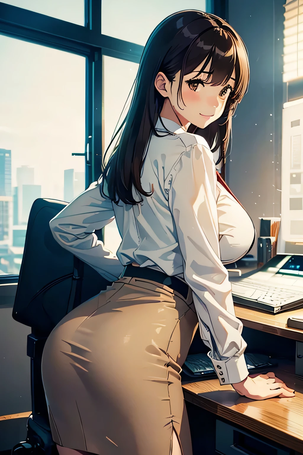 japanese, solo, brown hair, bangs, embarrassed, (natural make:1.2), dynamic angle, high res, (photo realistic:1.2), (highly detailed:1.1), desk,((pencil skirt)),beige skirt, business suit, shirt, office chair, smile,(computer), night view ,detail brassiere, huge breasts, dark lighting, window, blush, messy, desk, delicate background, bokeh, professional lighting, physically-based rendering, ((backshot)),