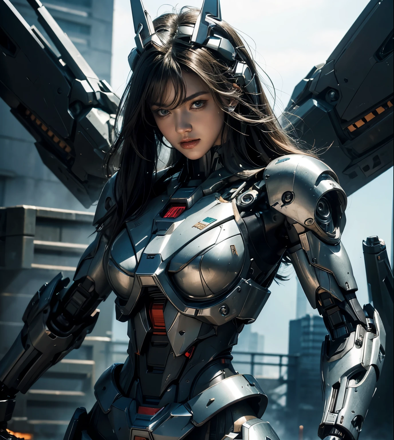 Textured skin, Super Detail, high details, High quality, Best Quality, hight resolution, 1080p, hard disk, Beautiful,(Gundam),beautiful cyborg woman,Mecha Cyborg Girl,Battle Mode,Girl with a Mecha Body,She wears a futuristic Gundam mecha,A powerful cyborg woman, sleek and futuristic, with advanced mechanical augmentations that enhance her strength and capabilities.