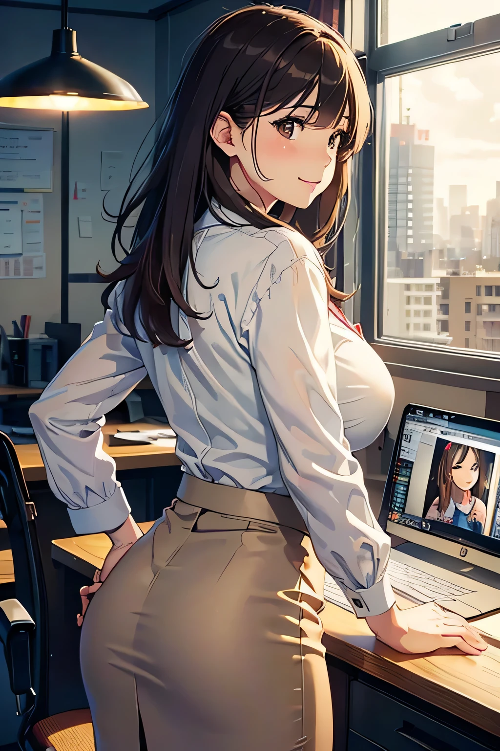 japanese, solo, brown hair, bangs, embarrassed, (natural make:1.2), dynamic angle, high res, (photo realistic:1.2), (highly detailed:1.1), desk,((pencil skirt)),beige skirt, business suit, shirt, office chair, smile,(computer), night view ,detail brassiere, huge breasts, dark lighting, window, blush, messy, desk, delicate background, bokeh, professional lighting, physically-based rendering, ((backshot)),