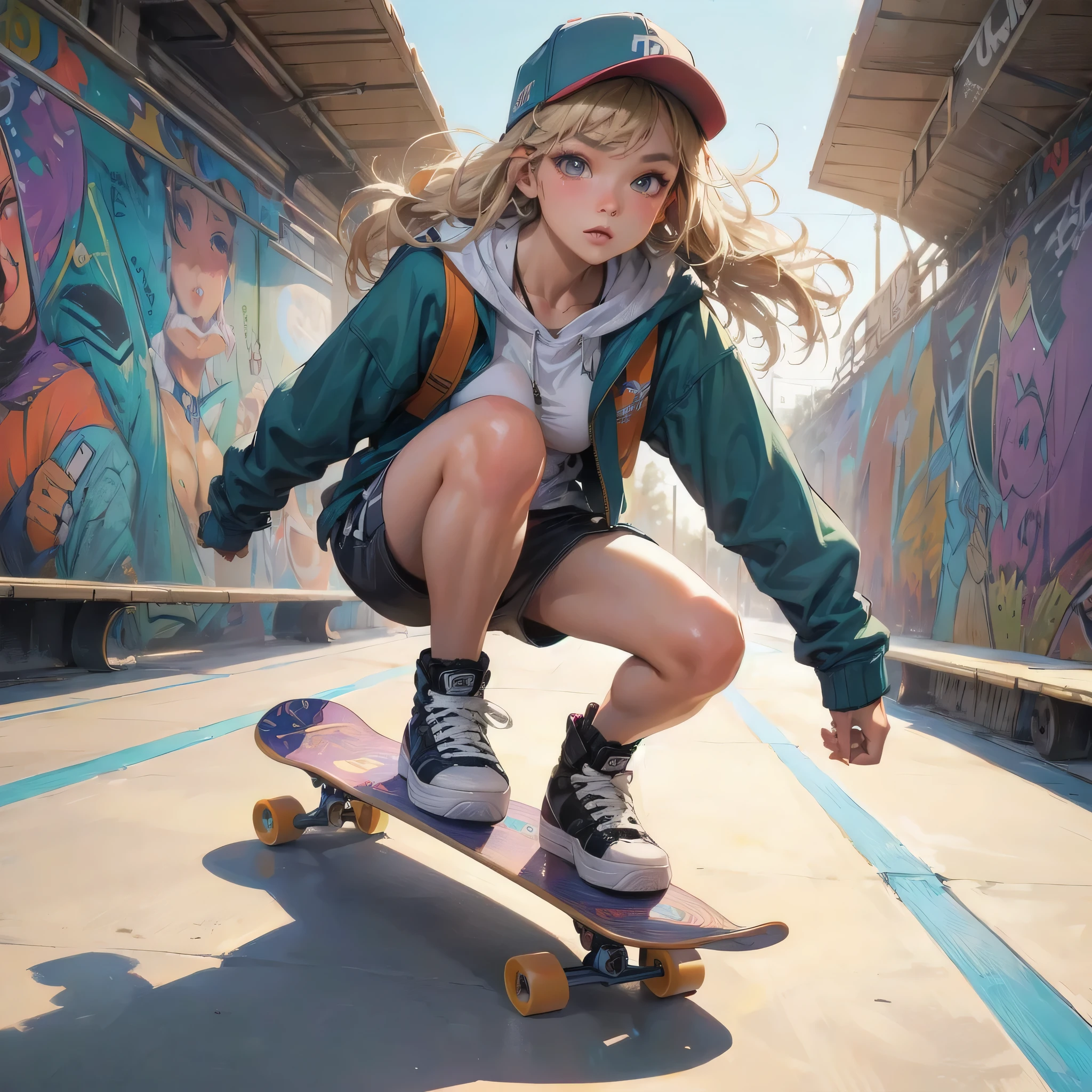 masterpiece, (textured skin), best quality, gorgeous beautiful girl, (a female skateboard athlete), detailed clothes,large breasts,narrow waist,, (beautiful face), cinematic lighting, (at skateboard venue),