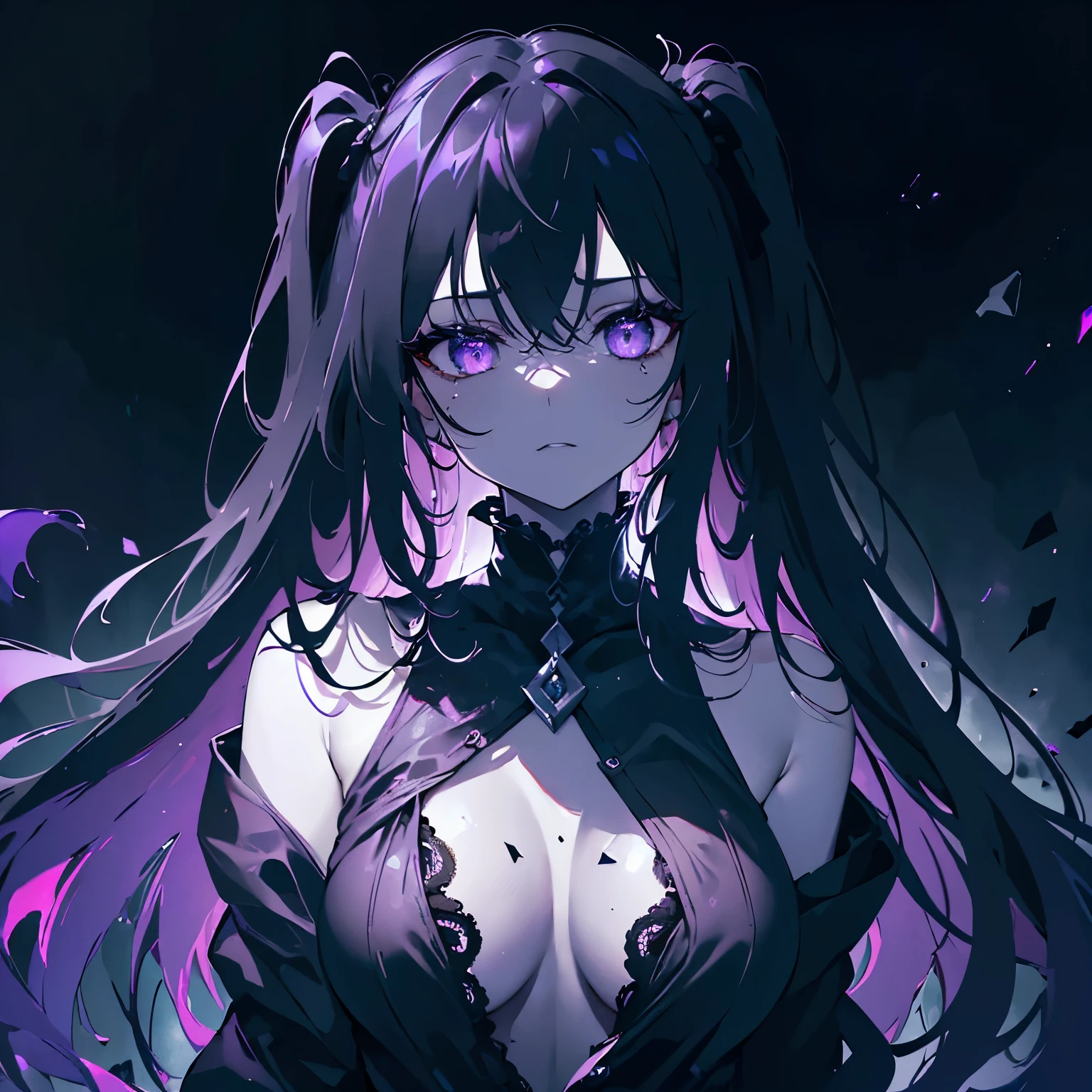 (Best quality,4K,8K,a high resolution,masterpiece:1.2), ultra detailed, realistic:1.37, long and black hair, glowing suspicious eyes, whole body in focus, Ruins in the background, Monochrome color scheme, in the dark, a girl with a dark purple glow and purple eyes looks straight into the camera, beautifully detailed face and facial features, wear dark clothes, surrounded by a mysterious atmosphere. close the fabric, open clothes