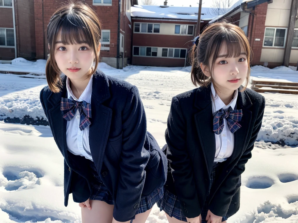 (RAW photo, 4k, masterpiece, high resolution, extremely complex) (realistic: 1.4),2 girls standing in snowy school yard,navy blue overcoat,plaid bow tie,18-year-old,bangs,thighs,huge breasts, knees,short cut hair,low ponytail,from below,front-lighting