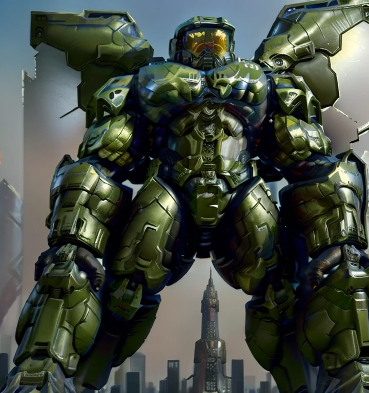 (masterpiece. official art. 8k. best quality. detailed full body. full body.)

(situation 1 : dominating Master chief. Master chief is over 1000 meters long. focus GIANT mechanical Muscular Master chief is trampling the city. Looking down. macro. stomp. Low-angle perspective. emphasizing the immense size.)

(situation 2 :smoke and flames rising from the destruction in the city)

(Additional details 1: wearing a full-face helmet. high-tech bio-mecha armor. real texture material. whole body shines like metal. Wearing cyberpunk mecha. emphasizes the muscles. suit fully made of metal. intricate armor. Robotic suit. suit fully made of metal. cyborg. Powered exoskeleton with the same design as Master chief).

(Additional details 2: (Detailed head. Detailed Body. Detailed abs. gigantic muscles. HYPER MUSCLES. Gigachad Muscular. big muscle. pecs. triceps. traps. unusually developed muscular body. body full of huge muscles. showing off muscles. pectorales enormes. Exaggeratedly huge muscles. huge muscles. long legs.). (Additional details 3: Spread wings. It has wings. have big wings.).