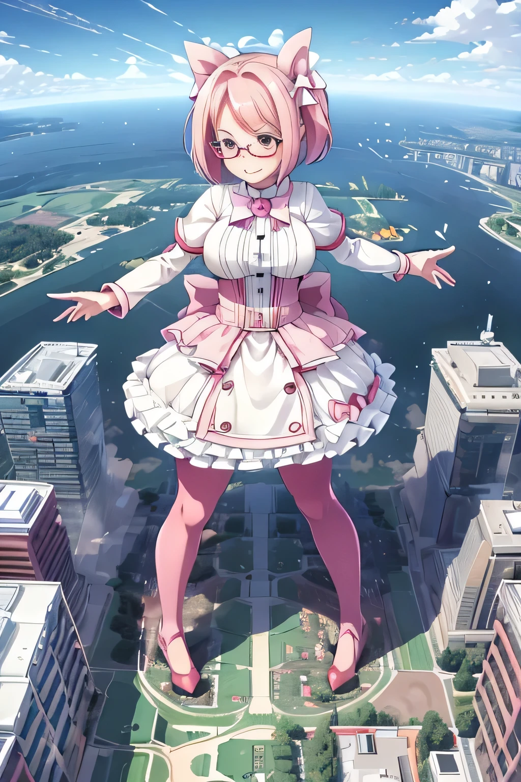 giantess art, highly detailed giantess shots, giantess, Two legs, Five fingers, short hair, A beautiful girl who is bigger than a skyscraper, Wearing rimless glasses, smile, Big Breasts, pink dress, bow, magical girl, magical girl wand, pink pantyhose, pink stiletto heels, Destroying cities, A very small big city, Miniature metropolis, Full body description, GTS, giga giantess, stomping city, crash city, tiny city, micro city, pantyhose feet, High resolution, highest quality, masterpiece, 