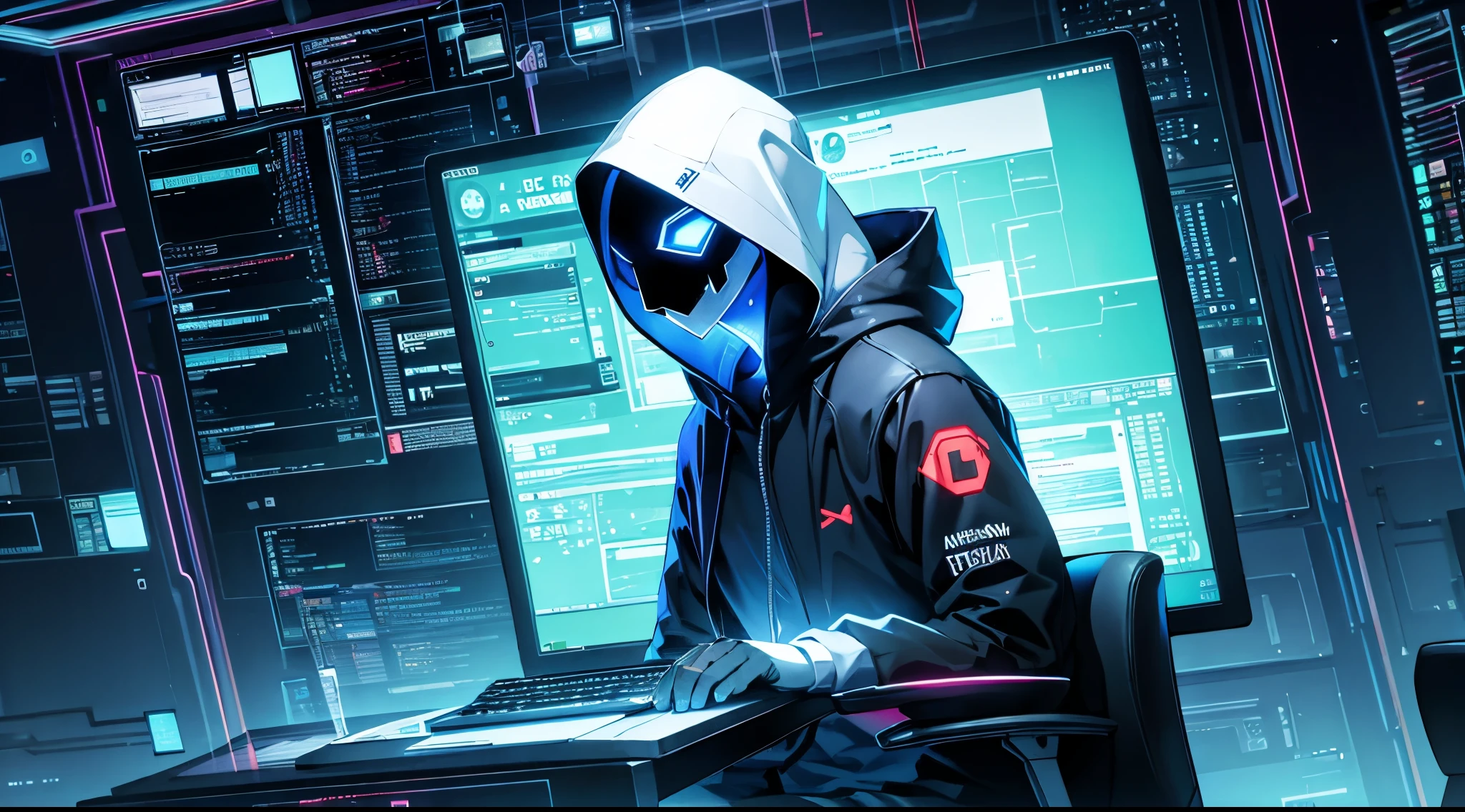 Anonymous hacker, surrounded by a network of glowing data, realistic