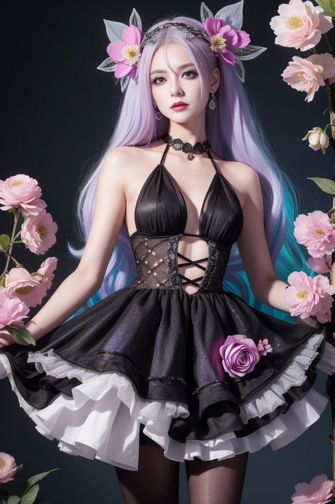 beautiful swedish model who controls poison、lipg-loss、intense makeup、look at the camera、full body Esbian、、sparkling poisoned flower costume、、、、shiny sparkling multicolor hair、secrete poison、skull hair accessories、net tights、shiny sparkling flowers background