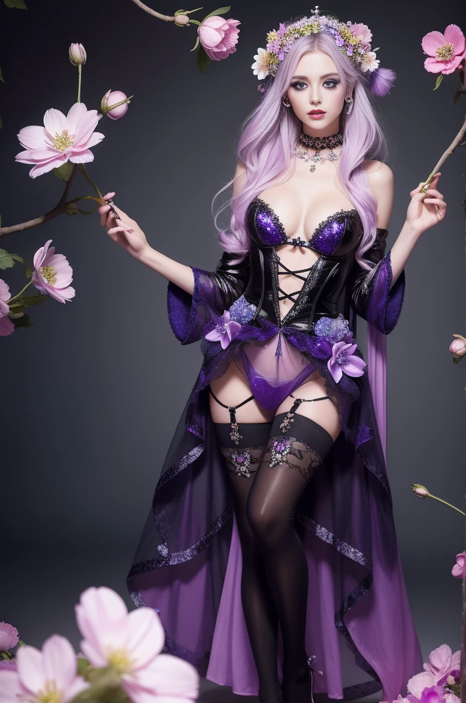 beautiful swedish model who controls poison、lipg-loss、intense makeup、look at the camera、full body Esbian、、sparkling poisoned flower costume、、、、shiny sparkling multicolor hair、secrete poison、skull hair accessories、net tights、shiny sparkling flowers background