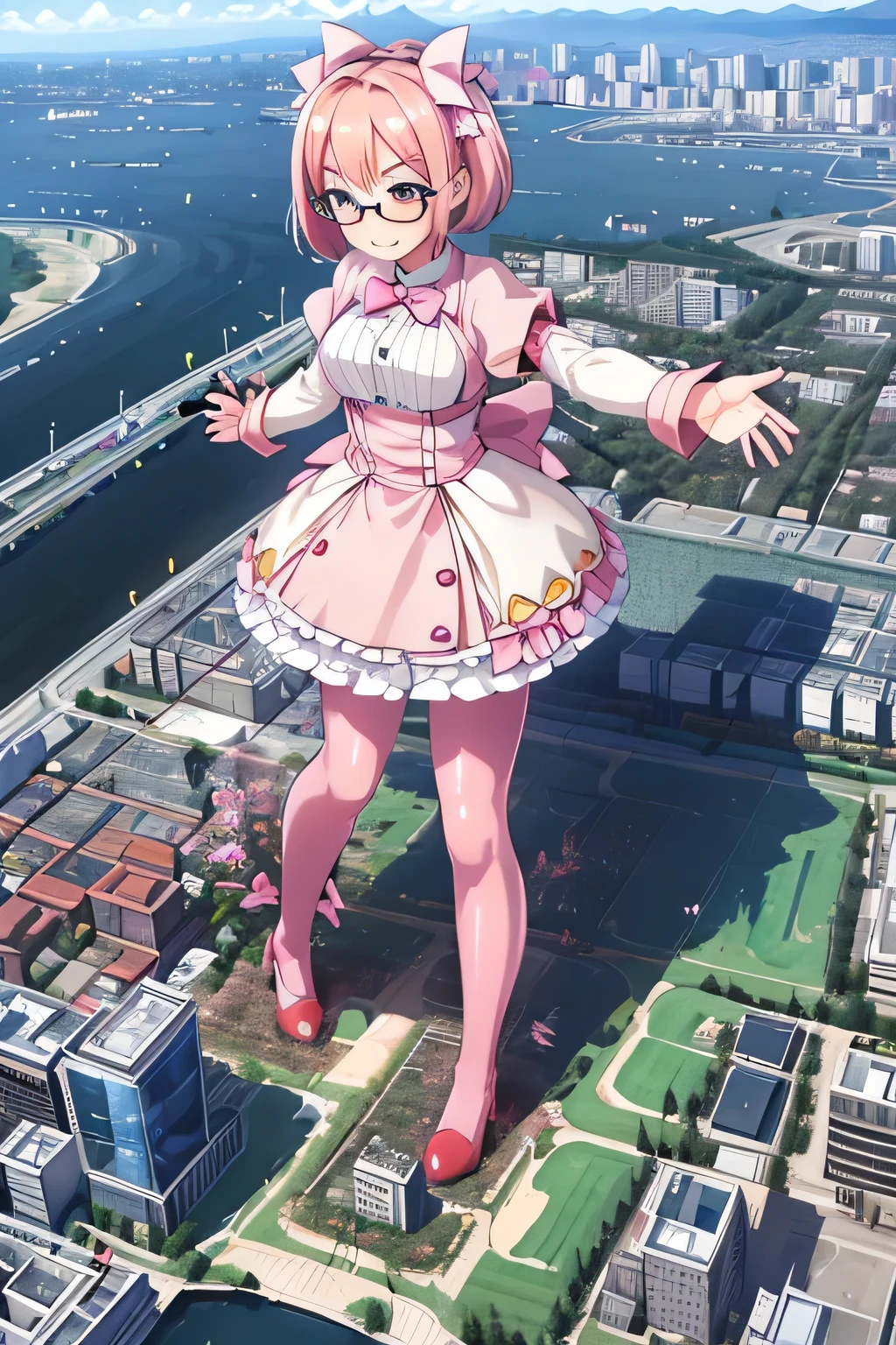 giantess art, highly detailed giantess shots, giantess, Two legs, Five fingers, short hair, A beautiful girl who is bigger than a skyscraper, Wearing rimless glasses, smile, Big Breasts, pink dress, bow, magical girl, magical girl wand, pink pantyhose, pink stiletto heels, Destroying cities, A very small big city, Miniature metropolis, Full body description, GTS, giga giantess, stomping city, crash city, tiny city, micro city, pantyhose feet, High resolution, highest quality, masterpiece,