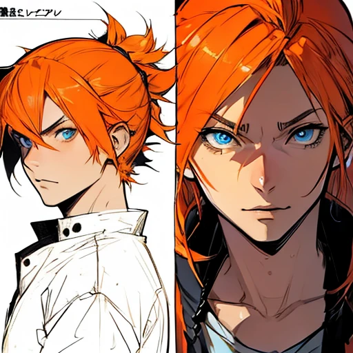 ((manga style , Concept ART faces)),Adolescent With orange hair , BLUE pupils
