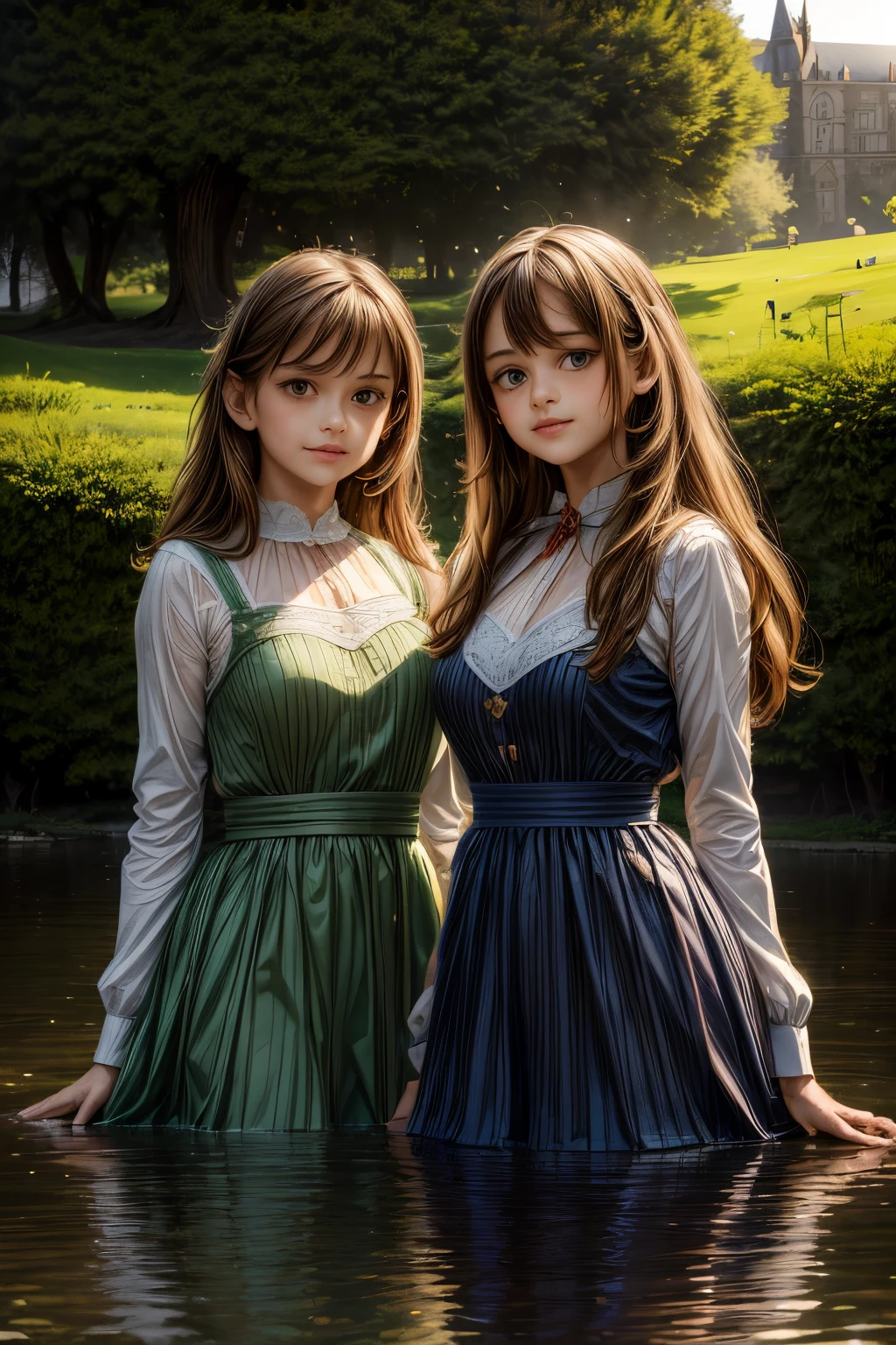 a detailed portrait of two beautiful young girls standing in a lush green garden in front of a majestic castle, the castle's reflection perfectly mirrored in the calm waters of a lake, the girls gazing out at the serene scene, their expressions filled with wonder, extremely detailed faces, beautiful eyes, delicate features, long flowing hair, ornate dresses, intricate castle architecture, glowing sunset lighting, vibrant colors, photorealistic, (best quality,8k,highres,masterpiece:1.2),ultra-detailed,(realistic,photorealistic,photo-realistic:1.37),1girl,2girls,castle,lake,reflection,garden,sunset,ornate,beautiful,detailed,serene,wonder,vibrant