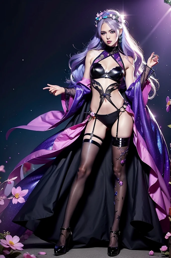 beautiful swedish model who controls poison、lipg-loss、intense makeup、look at the camera、full body Esbian、、sparkling poisoned flower costume、、、、shiny sparkling multicolor hair、secrete poison、skull hair accessories、net tights、shiny sparkling flowers background