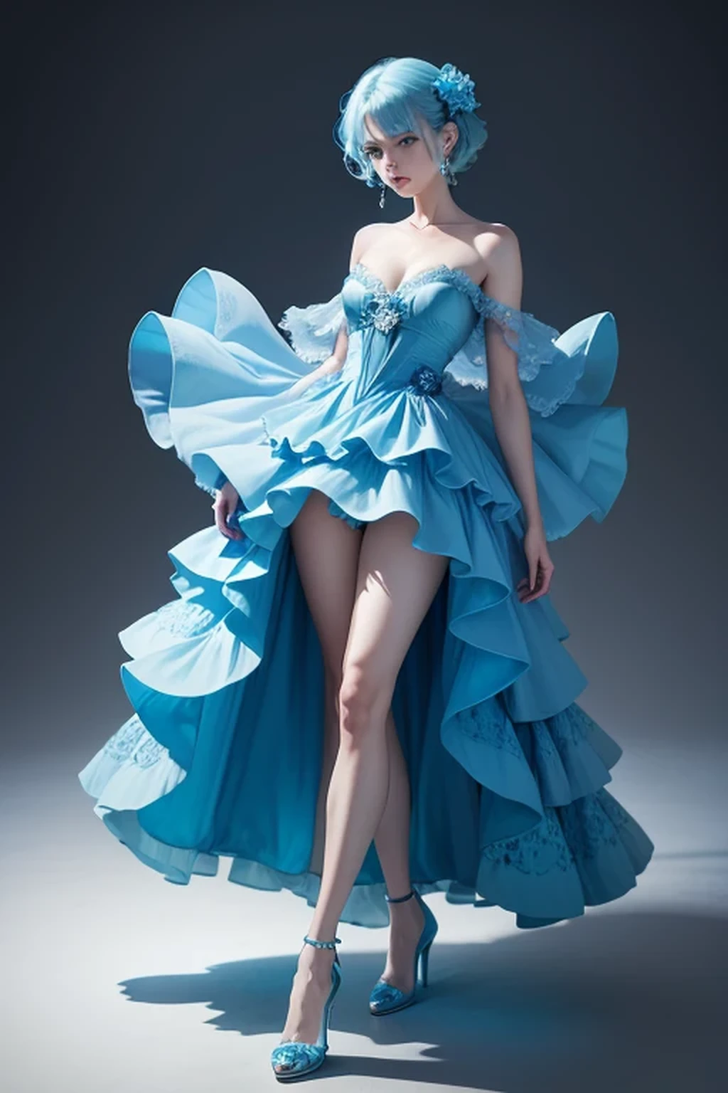  A blue dress inspired by the blue ocean and jellyfish, blue accessories and heels, worn by a woman with blue eyes and blue hair, pale