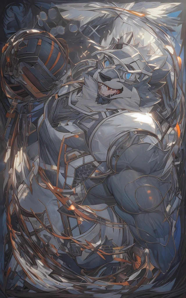 (masterpiece),(Very detailed),(best quality),hairy,Wolf,Gray fur,white hair,Blue pupils,muscular,(White casual wear),((expression)),8K,(high quality),(Ultra HD),(Super detailed)