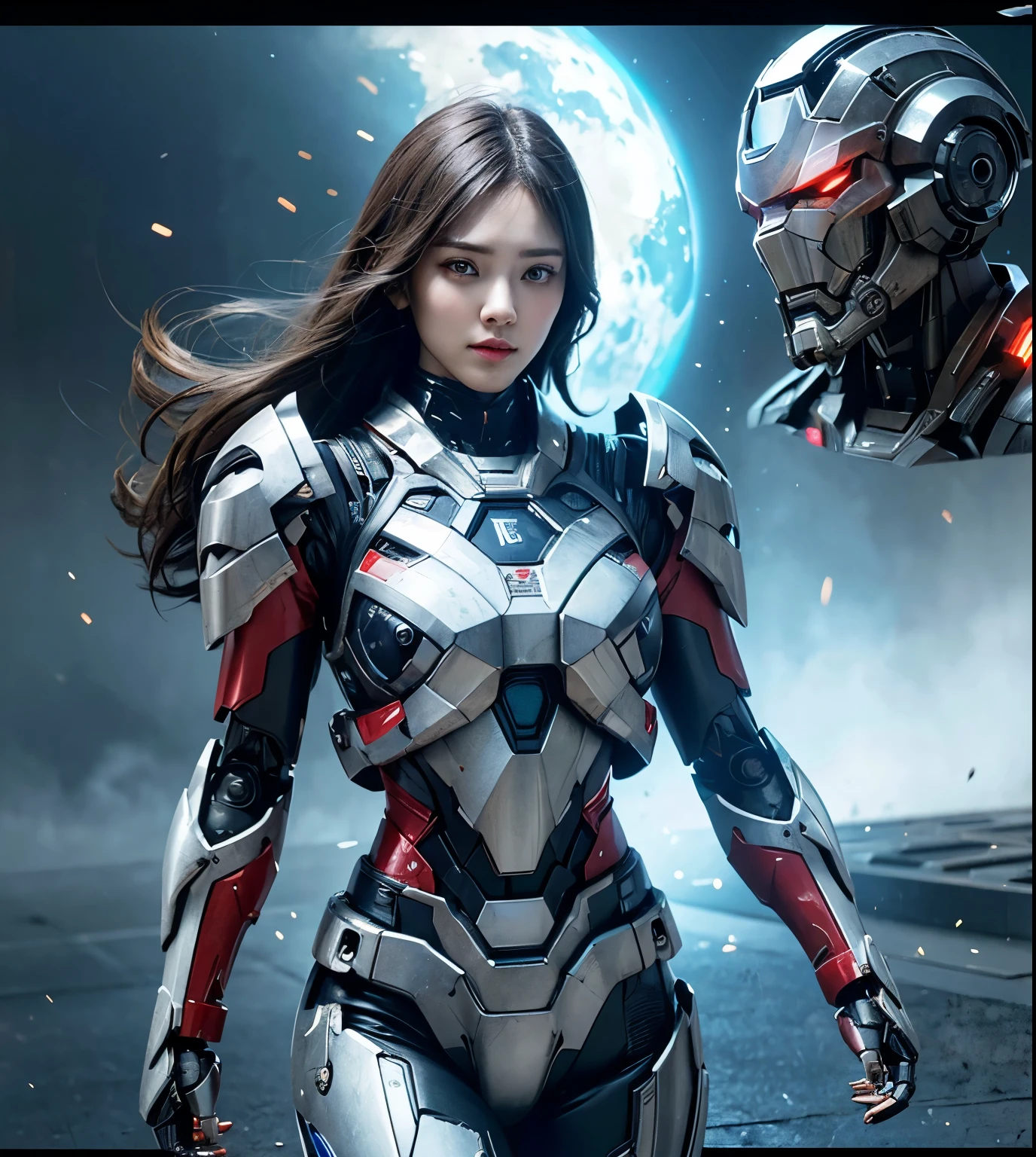 advanced details, high quality, better quality, High resolution, 1080P, hard disk, beautiful,(Iron Patriot),Beautiful cyborg woman,Mecha Cyborg ,battle mode,She wears futuristic clothes ,Iron Patriot,Mecha,Full body view from the front,A powerful cyborg woman, sleek and futuristic, with advanced mechanical augmentations that enhance her strength and capabilities.