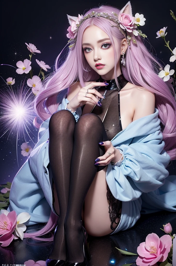 beautiful swedish model who controls poison、lipg-loss、intense makeup、look at the camera、full body Esbian、、sparkling poisoned flower costume、、、、shiny sparkling multicolor hair、secrete poison、skull hair accessories、net tights、shiny sparkling flowers background