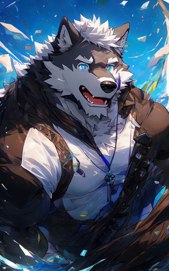 (masterpiece),(Very detailed),(best quality),hairy,Wolf,Gray fur,white hair,Blue pupils,muscular,(White casual wear),((expression)),8K,(high quality),(Ultra HD),(Super detailed)