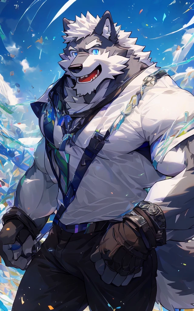 (masterpiece)，(Very detailed)，(best quality)，hairy，Wolf，Gray fur，white hair，Blue pupils，muscular，(White casual wear)，((expression))，8K，(high quality)，(Ultra HD)，(Super detailed)