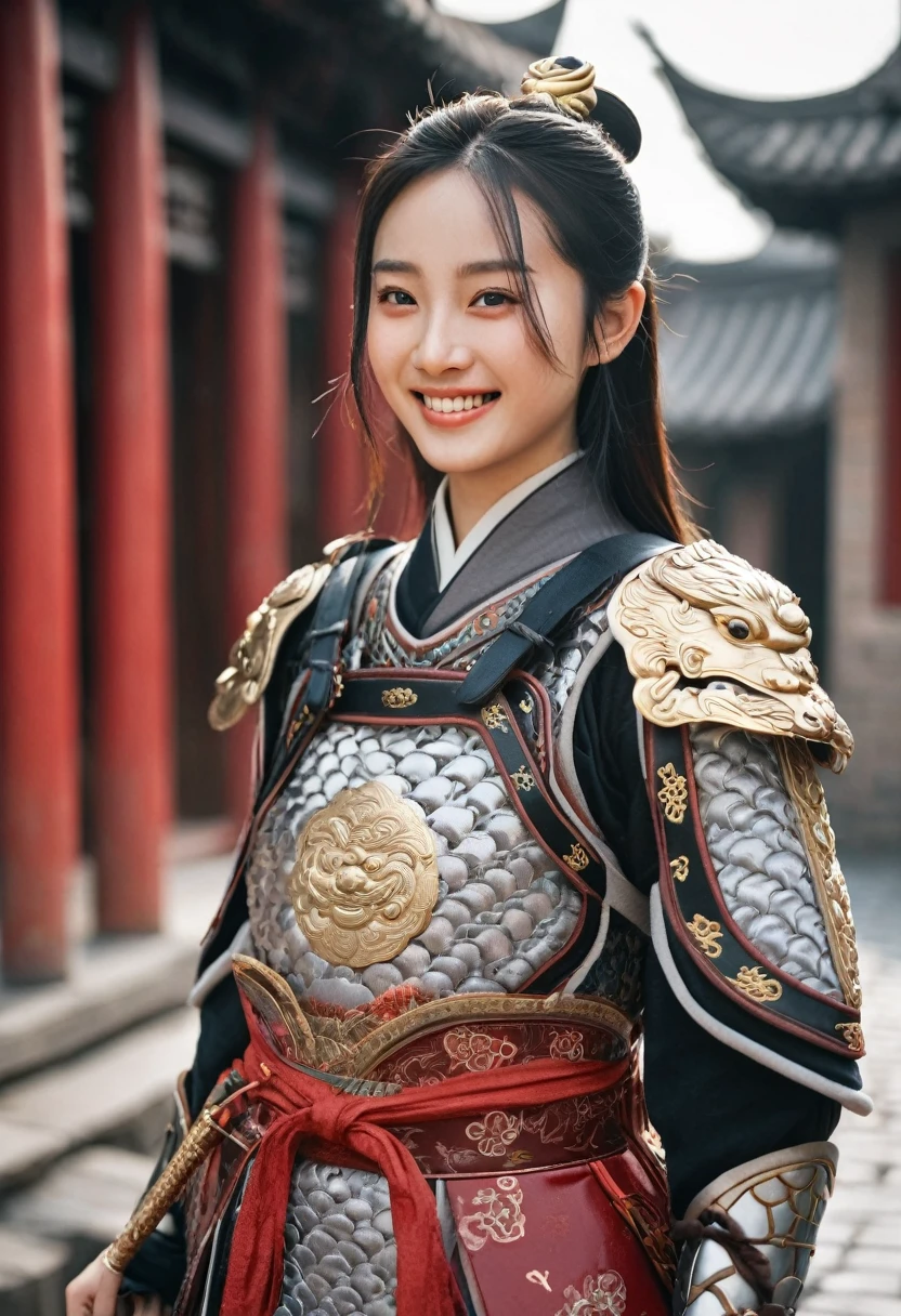 best quality, 8k, highly detailed face and skin texture, high resolution, cute chinese girl in chinese armor stand and smile on street at chinese old town, hold a sword, full body, sharp focus