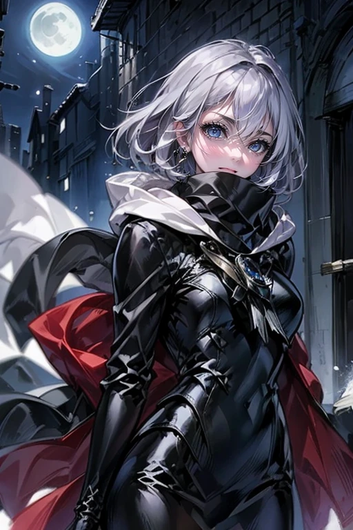 1girl,solo,cool,silver hair,short hair,she is thief,phantom thief,cloak,put on hood,night,moon light,