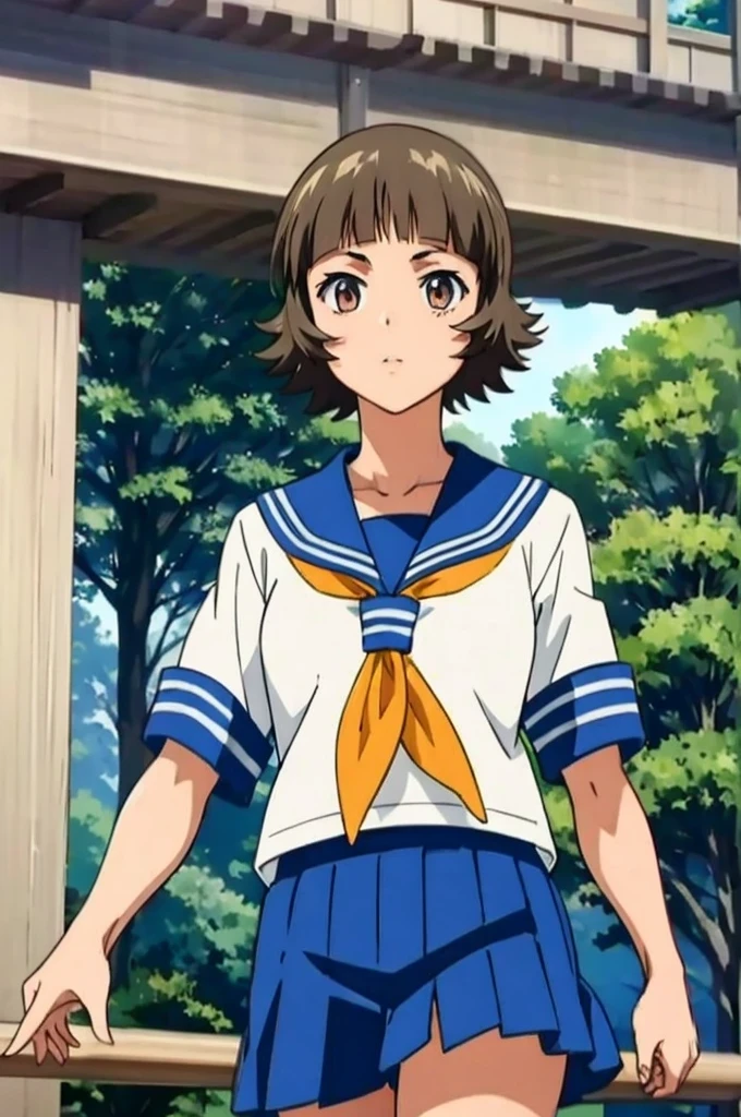 (masterpiece:1.3),(highest quality:1.4),(Super detailed:1.5),8K,High resolution,an extremely delicate and beautiful,Official Art,Perfect Anatomy,(anime_screencap:1.11),(90s Anime,90s Anime style,Cel-shaded anime:1.17),
anime coloring,detailed face and eyes, (solo:1.5),(anmnr:1.1),((ekitokuwz:1.52)),(school uniform:1.3),serafuku,short brown hair, pleated skirt, blue skirt, brown eyes, yellow neckerchief, short sleeves, japanese architecture,
walking, street, looking at viewer, cowboy shot,