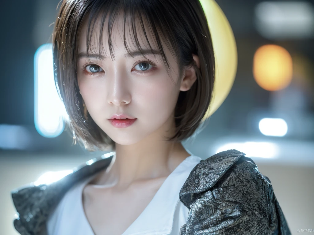 highest quality、8k Masterpiece、超A high resolution、(Photorealistic:1.3)、RAW Photos、1 girl、Silvery white hair、Glowing Skin、1. Super-beautiful Cyberpunk Soldiers、((Ultra-Realistic Details))、Portrait、Global Illumination、Shadow、Octane Rendering、8k、Super sharp、Beautiful breastetal、Cold colors、、Very intricate details、Realistic Light、CGSoation Trend、Beautiful Eyes、Shining Eyes、To the camera、Neon Details、20age、Very Short Hair、Too beautiful face、Intelligence、Obscene、Clothing of the future