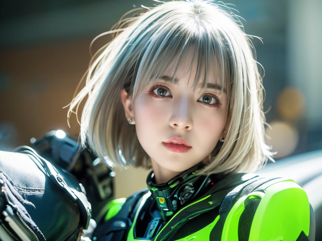 highest quality、8k Masterpiece、超A high resolution、(Photorealistic:1.3)、RAW Photos、1 girl、Silvery white hair、Glowing Skin、1. Super-beautiful Cyberpunk Soldiers、((Ultra-Realistic Details))、Portrait、Global Illumination、Shadow、Octane Rendering、8k、Super sharp、Beautiful breastetal、Cold colors、、Very intricate details、Realistic Light、CGSoation Trend、Beautiful Eyes、Shining Eyes、To the camera、Neon Details、20age、Very Short Hair、Too beautiful face、Intelligence、Obscene、Clothing of the future