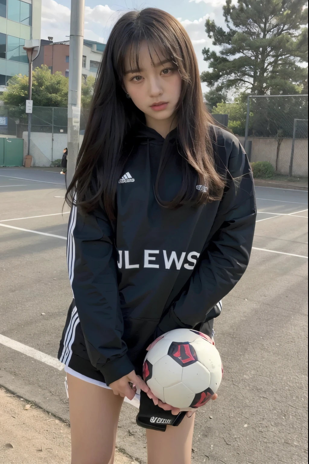 Make this girl playing soccer or tenis