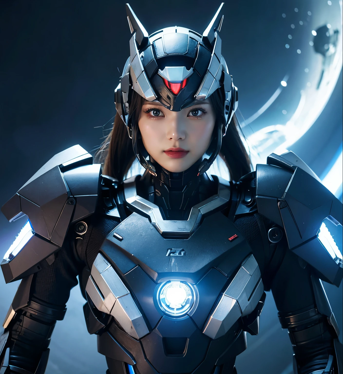 advanced details, high quality, better quality, High resolution, 1080P, hard disk, beautiful,(Iron Patriot),Beautiful cyborg woman,Mecha Cyborg ,battle mode,She wears futuristic clothes ,Iron Patriot,Mecha,Full body view from the front,A powerful cyborg woman, sleek and futuristic, with advanced mechanical augmentations that enhance her strength and capabilities.